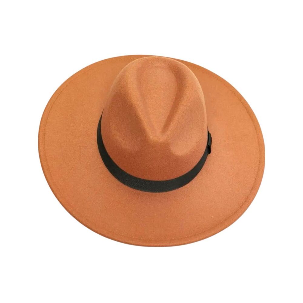 FAME Camel Wide Brim Fedora Hat | Tan Boho Rancher Western Black Ribbon NEW - Picture 13 of 14